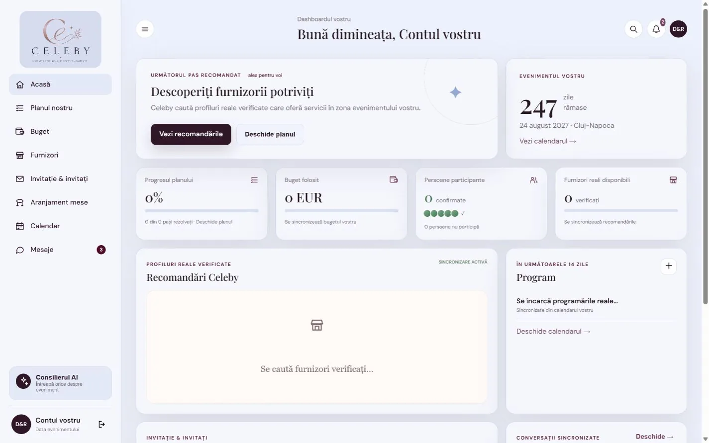 Dashboardul Celeby actual pentru organizarea evenimentului